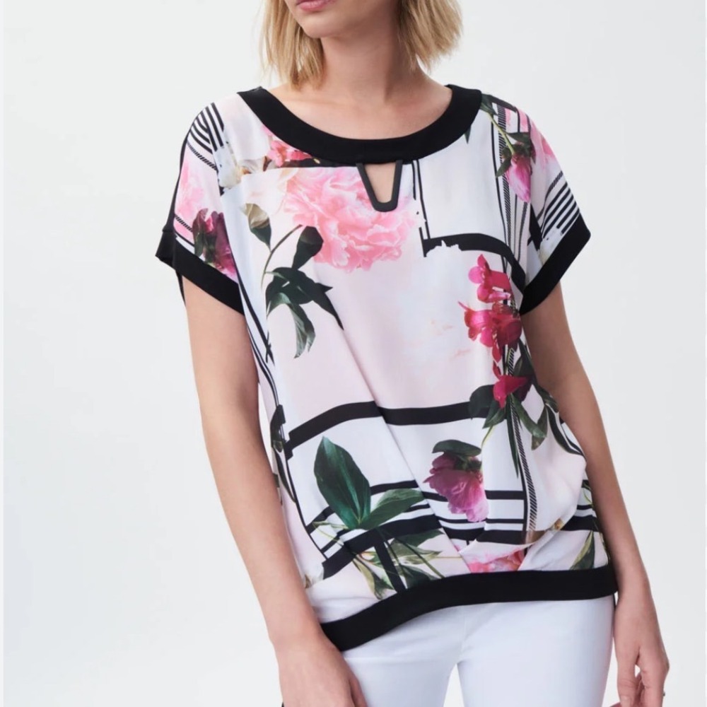 Joseph Ribkoff Canada Women Blouse 14 Vanilla Multi Floral Geometric Keyhole Top